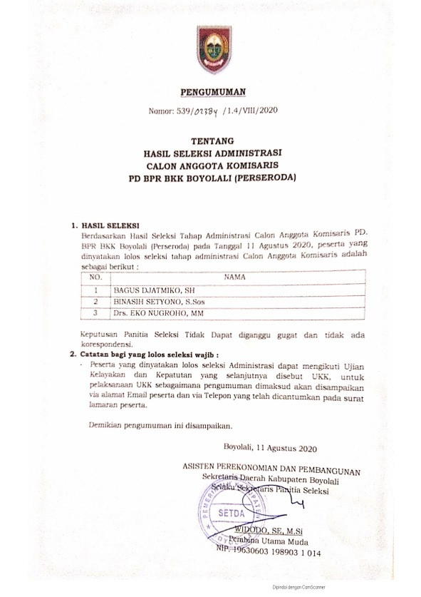 HASIL SELEKSI ADMINSTRASI CALON ANGGOTA KOMISARIS PT. BPR BKK BOYOLALI ( PERSERODA ) KABUPATEN BOYOLALI